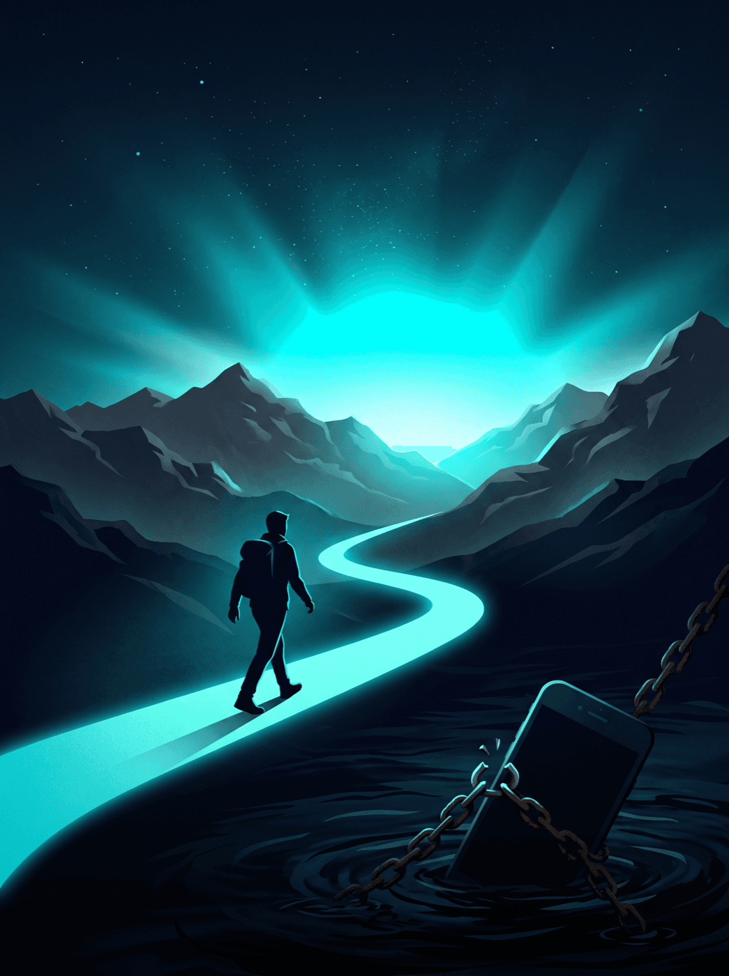 A walker following a glowing path toward distant peaks, while a chained phone sinks into dark water behind them.