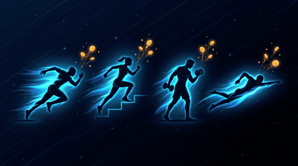 A sprinter, a stair-climber, a lifter and a swimmer in motion, their energy rising as earned coins.