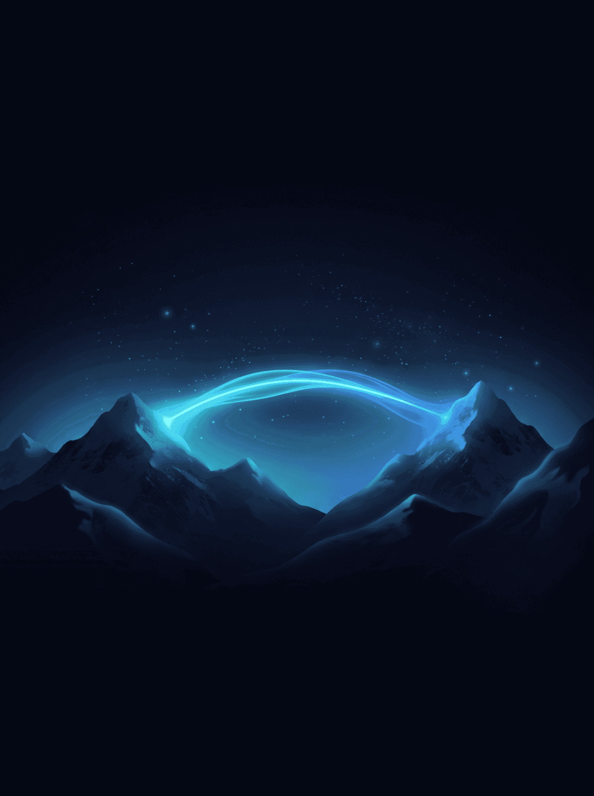 Two snow-capped peaks joined by a glowing arc of light across a starfield.