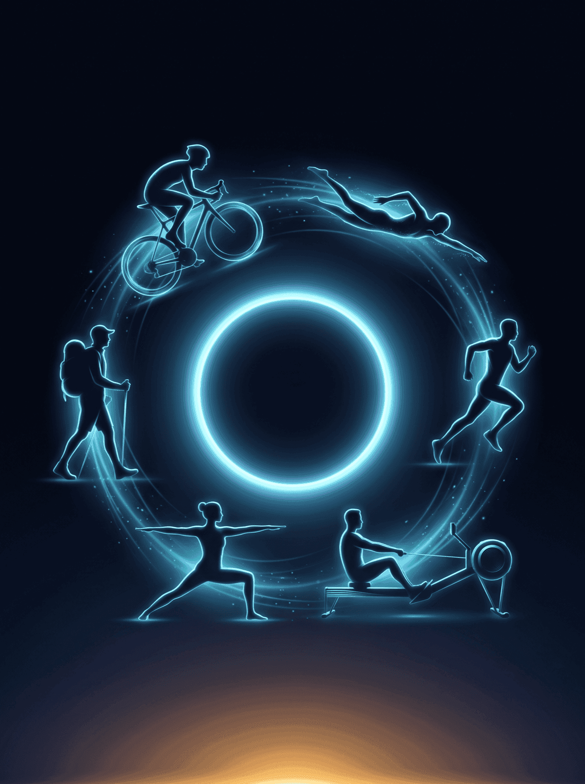 A cyclist, swimmer, runner, rower, yogi and hiker orbiting a glowing ring.
